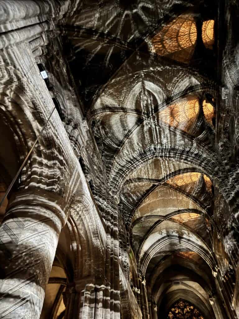 View of ceiling of Durham Cathedral during Everyone Ever Waterfall scene