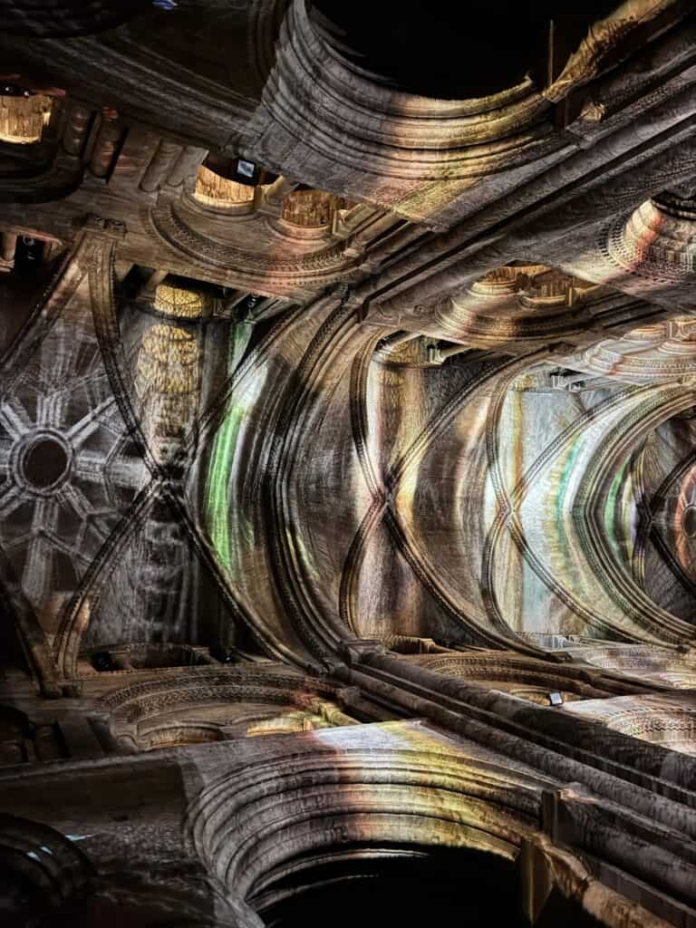 View of ceiling of Durham Cathedral during Everyone Ever Colour Razzle dazzle