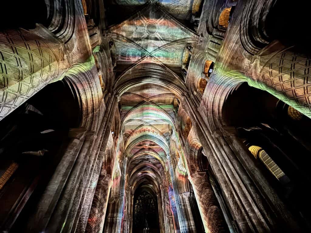 View of ceiling of Durham Cathedral during Everyone Ever Colour explosion scene